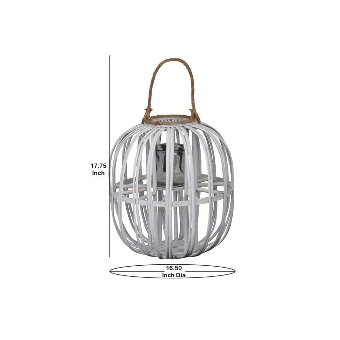 Lattice Design Round Lantern with Glass Candle Holder, Large, White