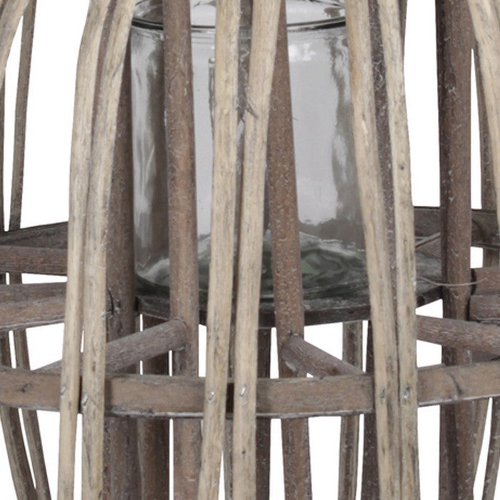 Lattice Design Round Lantern with Glass Candle Holder, Large, Brown
