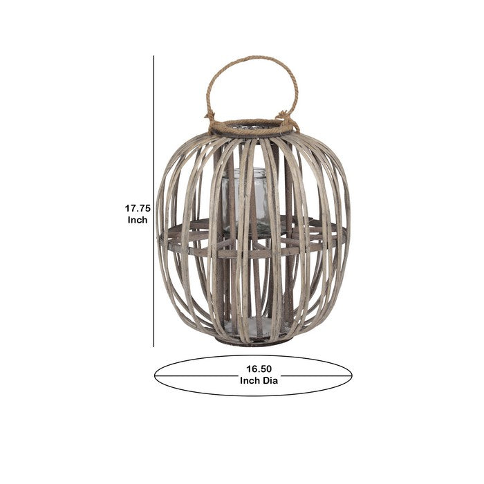 Lattice Design Round Lantern with Glass Candle Holder, Large, Brown