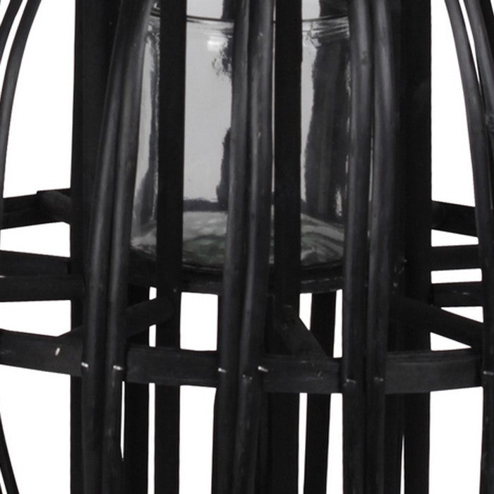 Lattice Design Round Lantern with Glass Candle Holder, Large, Black