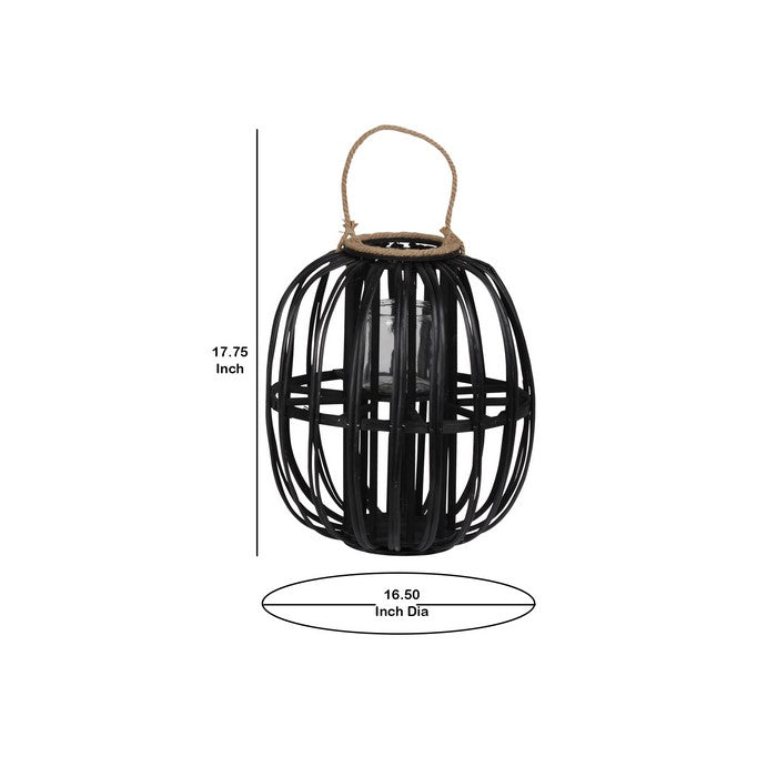 Lattice Design Round Lantern with Glass Candle Holder, Large, Black