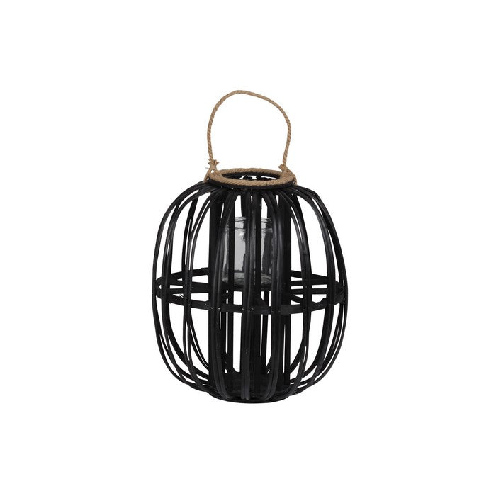 Lattice Design Round Lantern with Glass Candle Holder, Large, Black