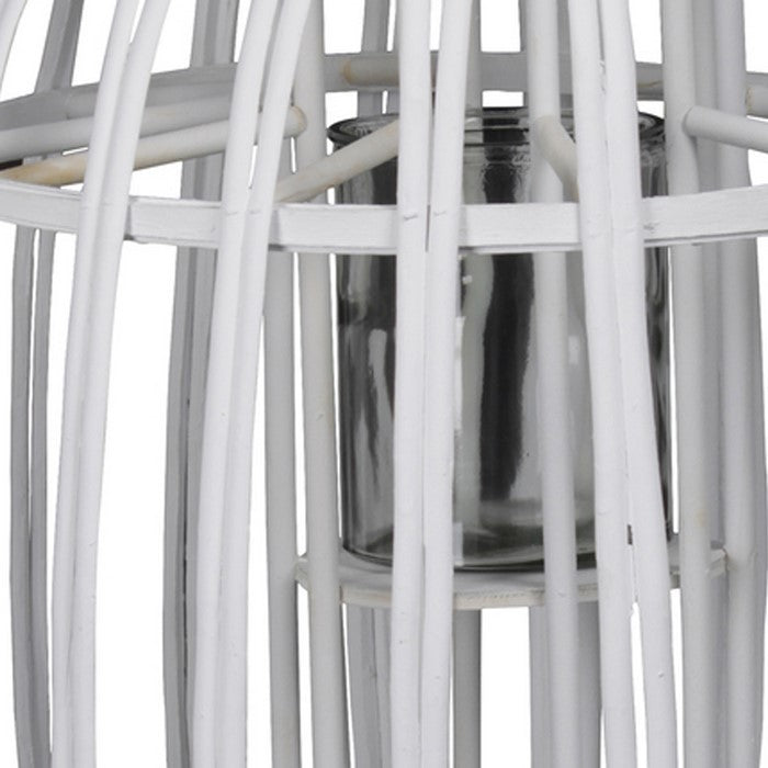 Lattice Design Round Lantern with Glass Hurricane Candle Holder, White