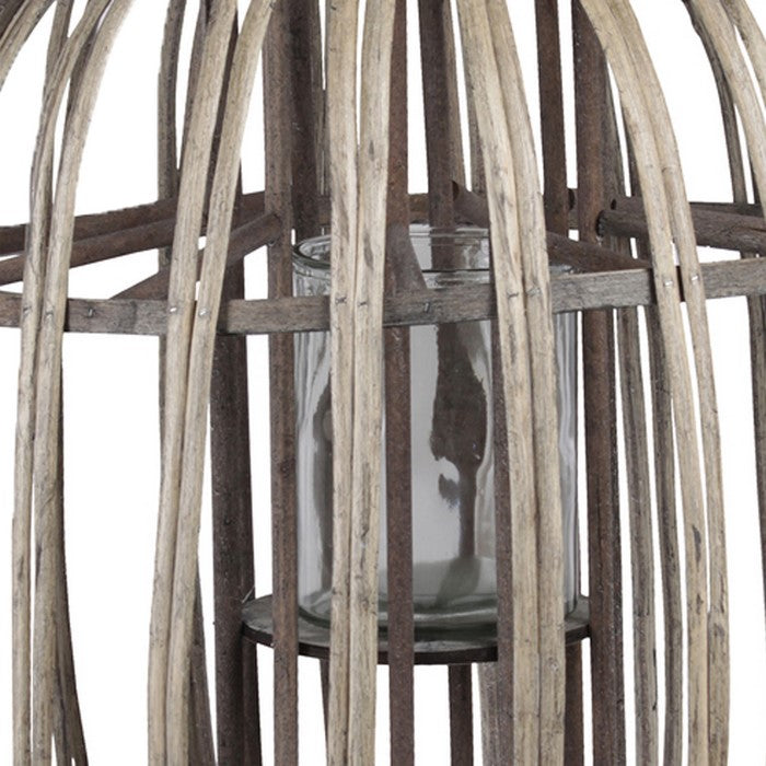 Lattice Design Round Lantern with Glass Hurricane Candle Holder, Brown