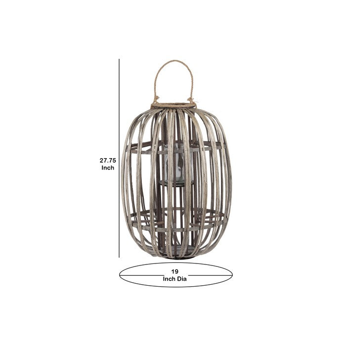 Lattice Design Round Lantern with Glass Hurricane Candle Holder, Brown