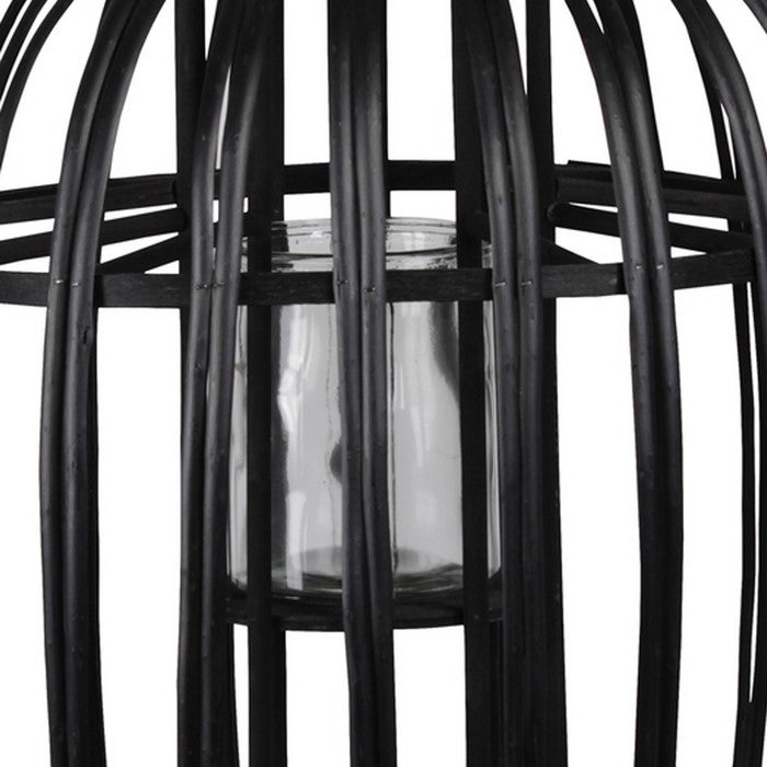 Lattice Design Round Lantern with Glass Hurricane Candle Holder, Black
