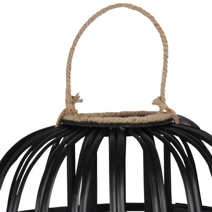 Lattice Design Round Lantern with Glass Hurricane Candle Holder, Black