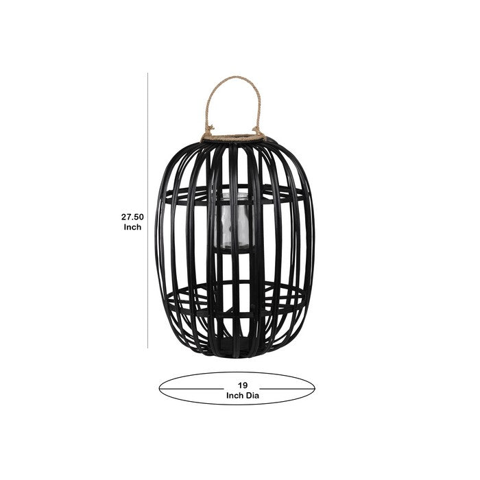 Lattice Design Round Lantern with Glass Hurricane Candle Holder, Black