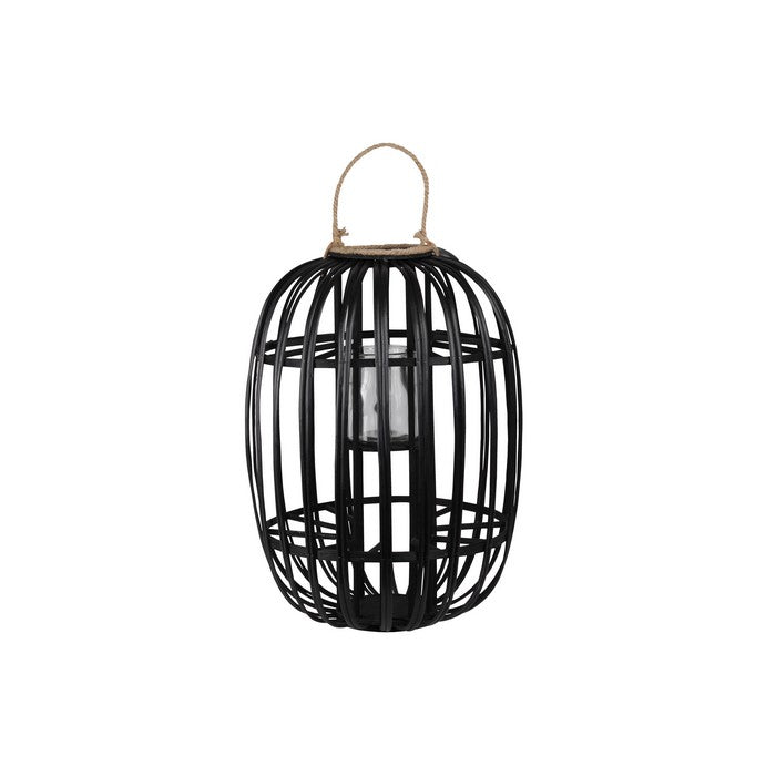 Lattice Design Round Lantern with Glass Hurricane Candle Holder, Black