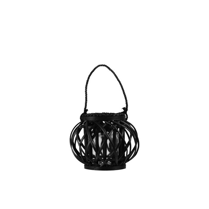 Bellied Shaped Lattice Design Lantern with Glass Candle Holder,Small,Black