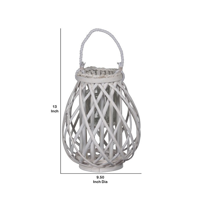 Bellied Shaped Lattice Design Lantern with Glass Candle Holder,Large,White
