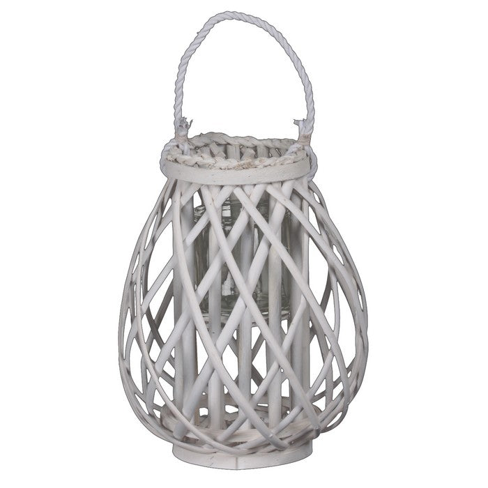 Bellied Shaped Lattice Design Lantern with Glass Candle Holder,Large,White