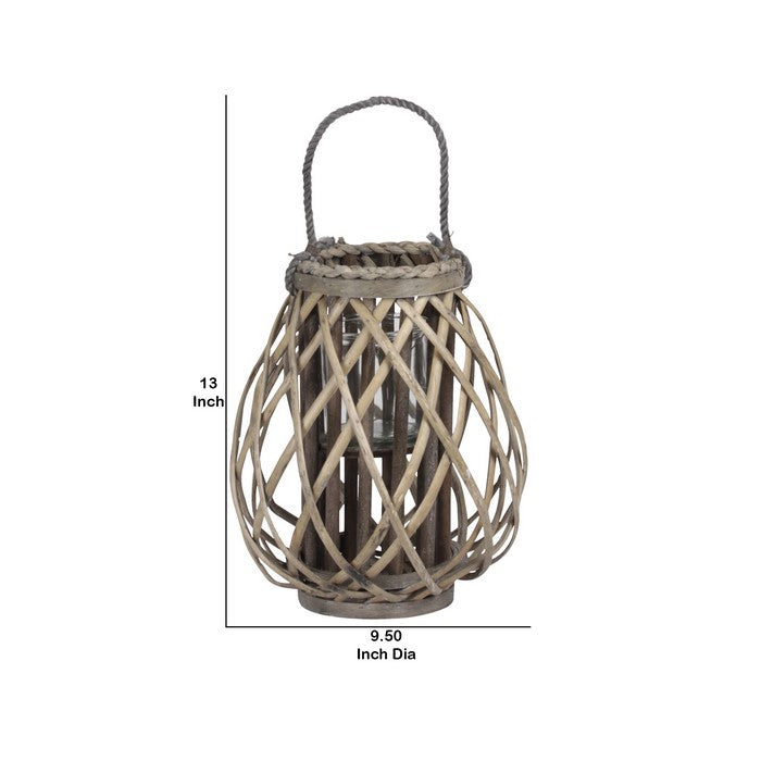 Bellied Shaped Lattice Design Lantern with Glass Candle Holder,Large,Brown