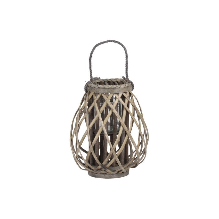 Bellied Shaped Lattice Design Lantern with Glass Candle Holder,Large,Brown
