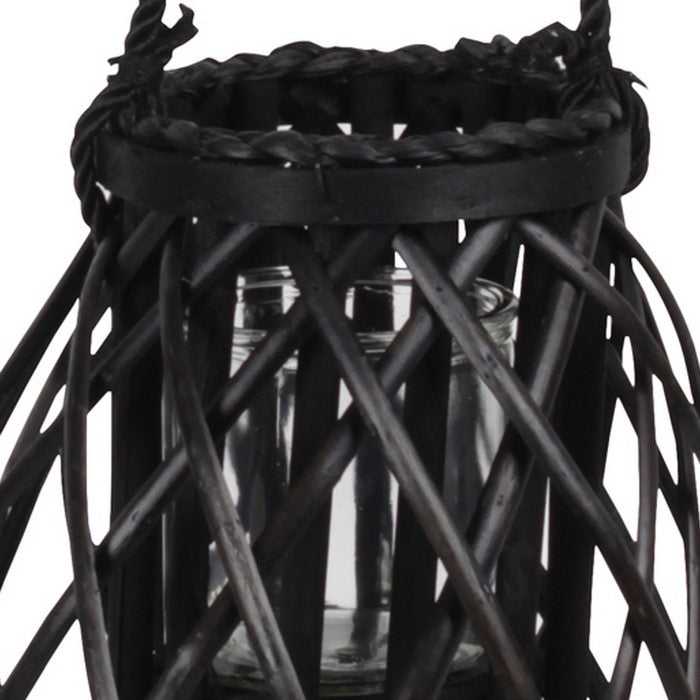 Bellied Shaped Lattice Design Lantern with Glass Candle Holder,Large,Black