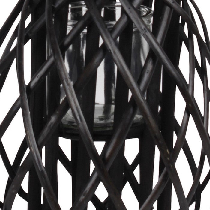 Bellied Shaped Lattice Design Lantern with Glass Candle Holder,Large,Black