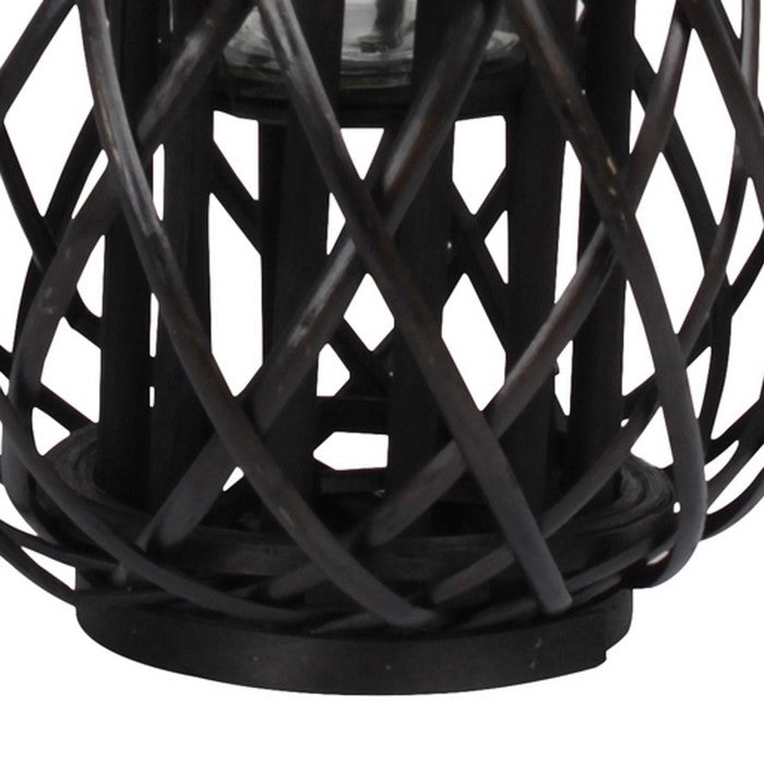 Bellied Shaped Lattice Design Lantern with Glass Candle Holder,Large,Black