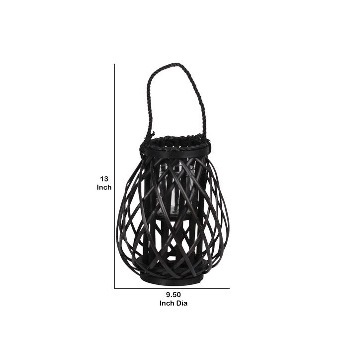 Bellied Shaped Lattice Design Lantern with Glass Candle Holder,Large,Black