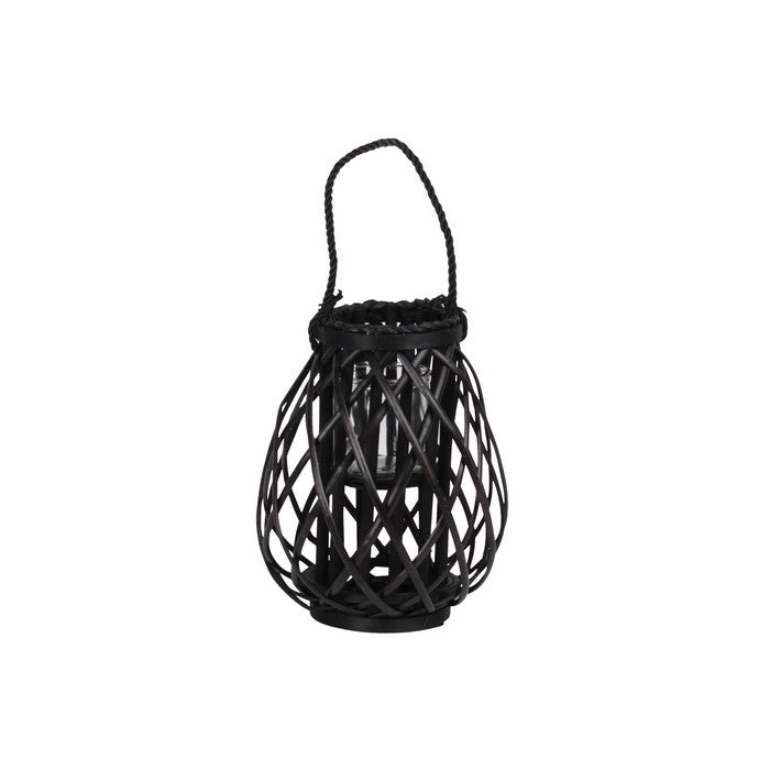 Bellied Shaped Lattice Design Lantern with Glass Candle Holder,Large,Black
