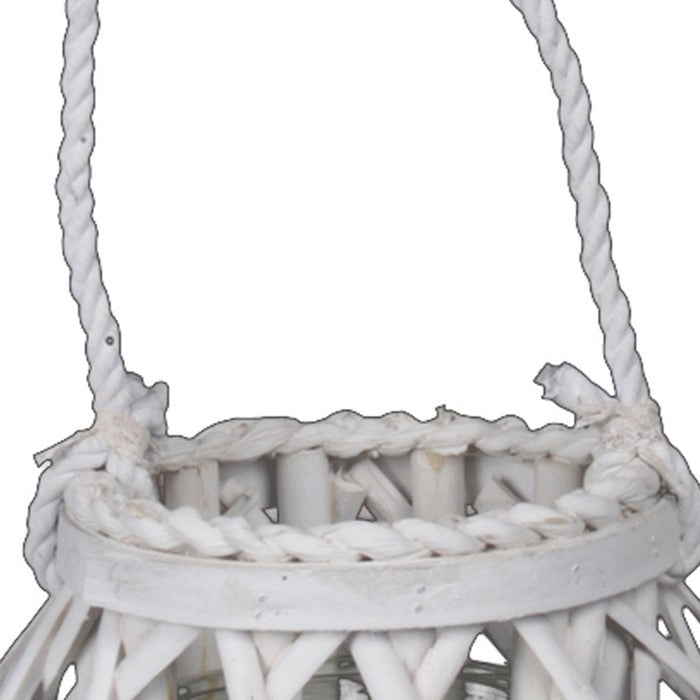 Lattice Design Lantern with Glass Hurricane and Rope Handle, Small, White