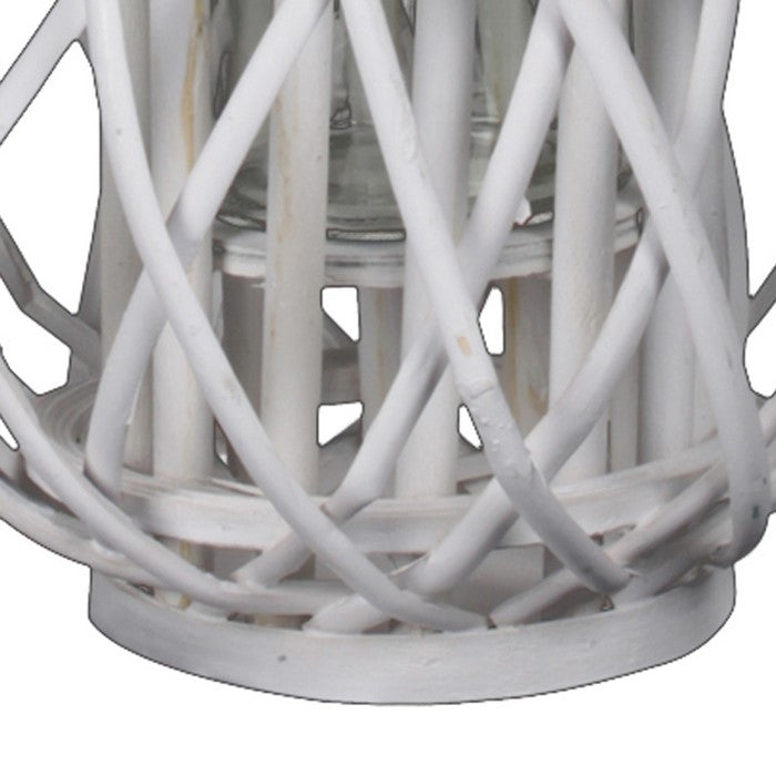 Lattice Design Lantern with Glass Hurricane and Rope Handle, Small, White