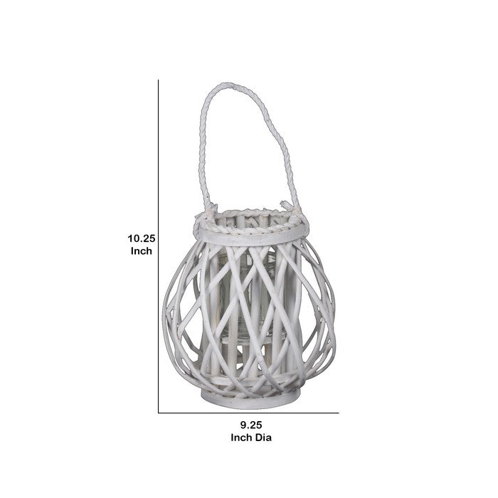Lattice Design Lantern with Glass Hurricane and Rope Handle, Small, White