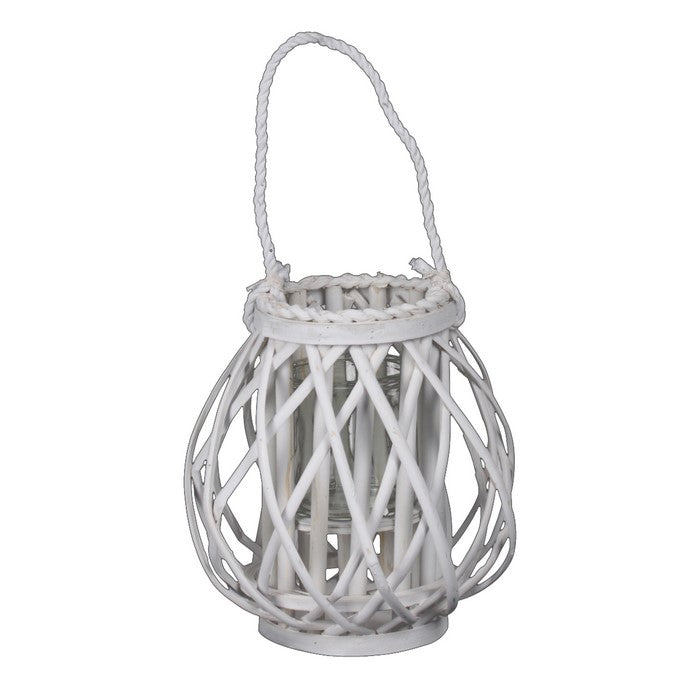 Lattice Design Lantern with Glass Hurricane and Rope Handle, Small, White