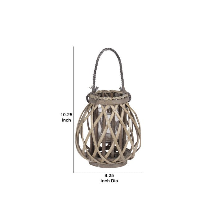 Lattice Design Lantern with Glass Hurricane and Rope Handle, Small, Brown