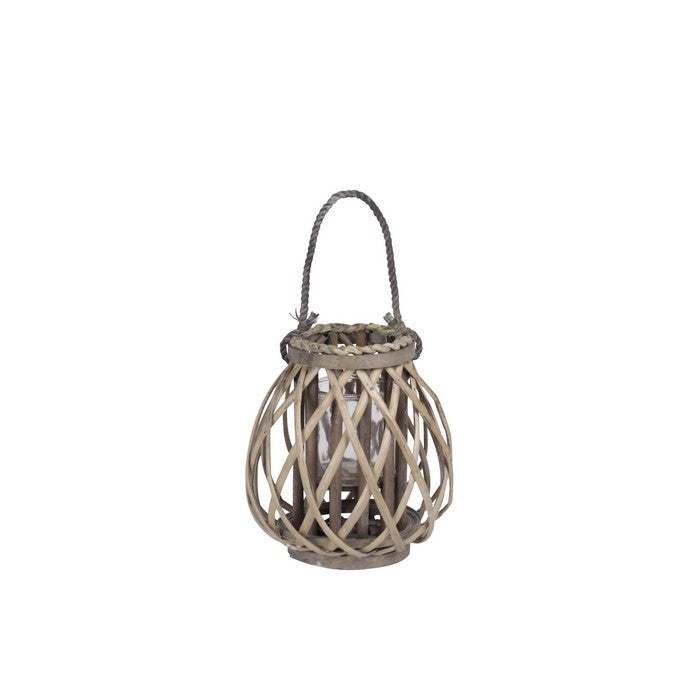 Lattice Design Lantern with Glass Hurricane and Rope Handle, Small, Brown