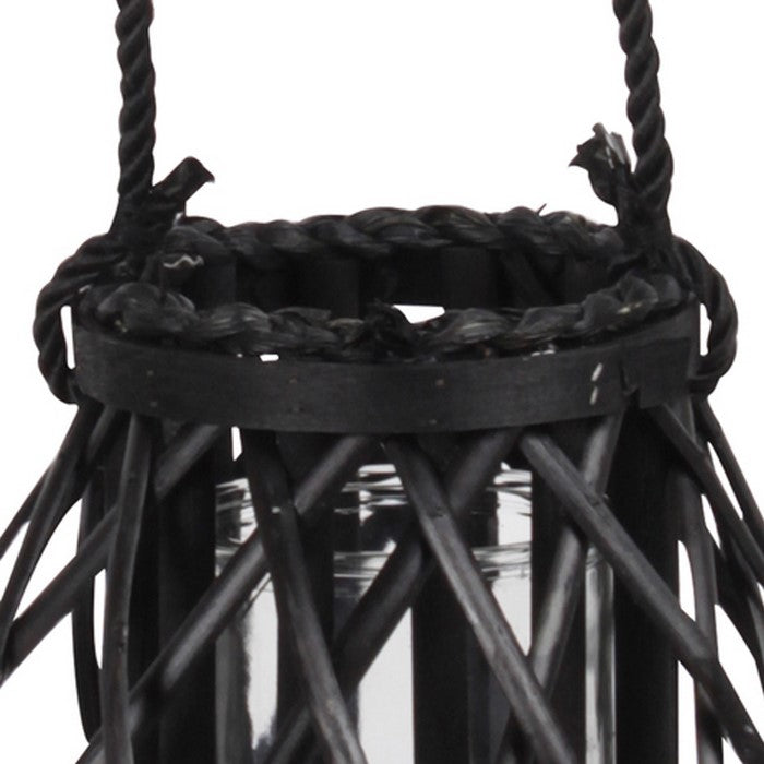 Lattice Design Lantern with Glass Hurricane and Rope Handle, Small, Black
