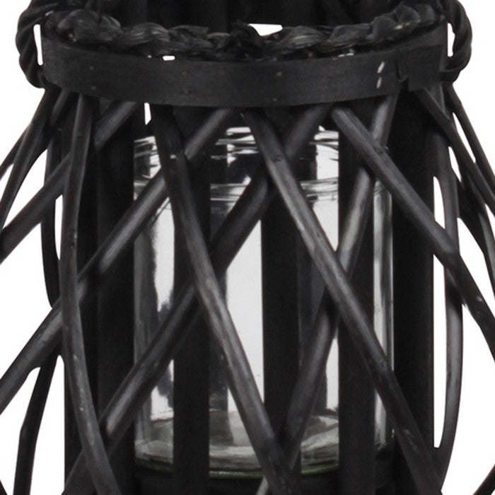 Lattice Design Lantern with Glass Hurricane and Rope Handle, Small, Black