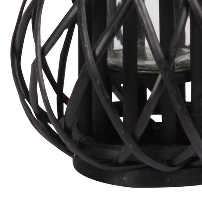 Lattice Design Lantern with Glass Hurricane and Rope Handle, Small, Black