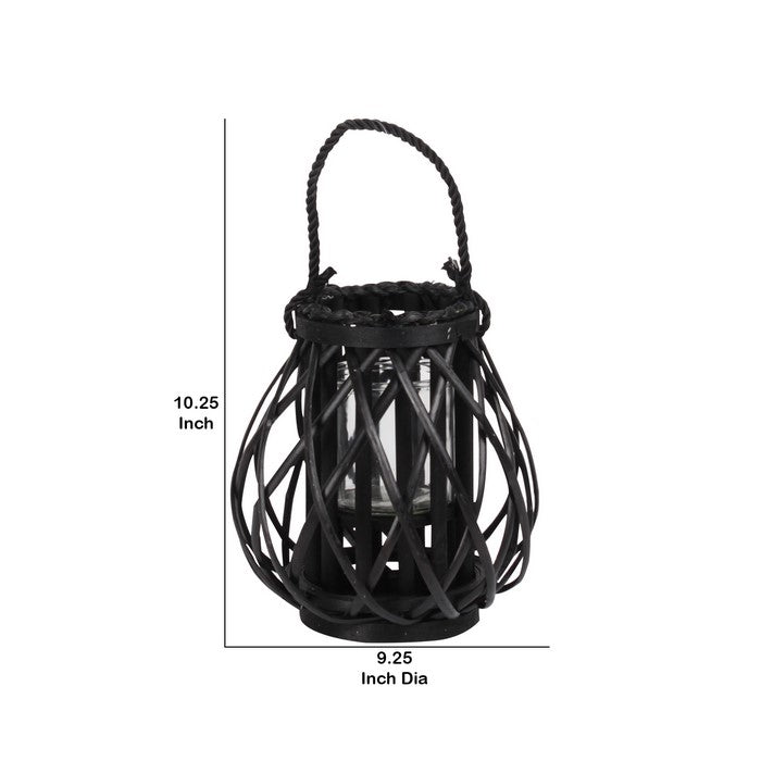 Lattice Design Lantern with Glass Hurricane and Rope Handle, Small, Black