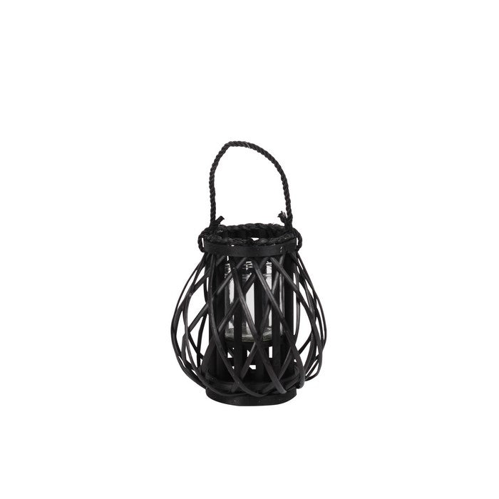 Lattice Design Lantern with Glass Hurricane and Rope Handle, Small, Black