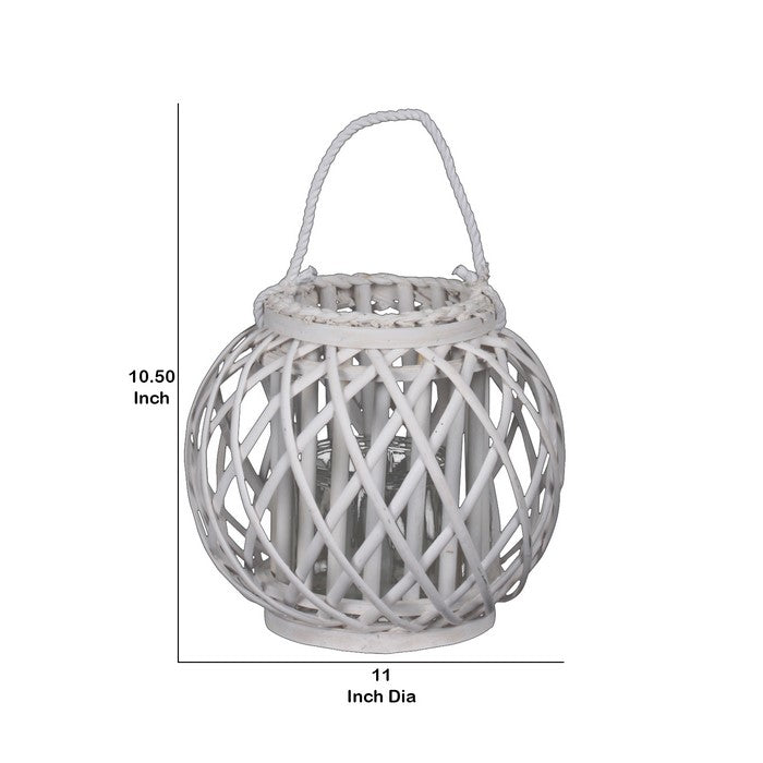 Round Bellied Lattice Design Lantern with Glass Candle Holder,Medium,White