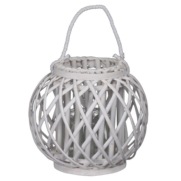 Round Bellied Lattice Design Lantern with Glass Candle Holder,Medium,White