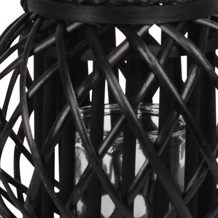 Round Bellied Lattice Design Lantern with Glass Candle Holder,Medium,Black