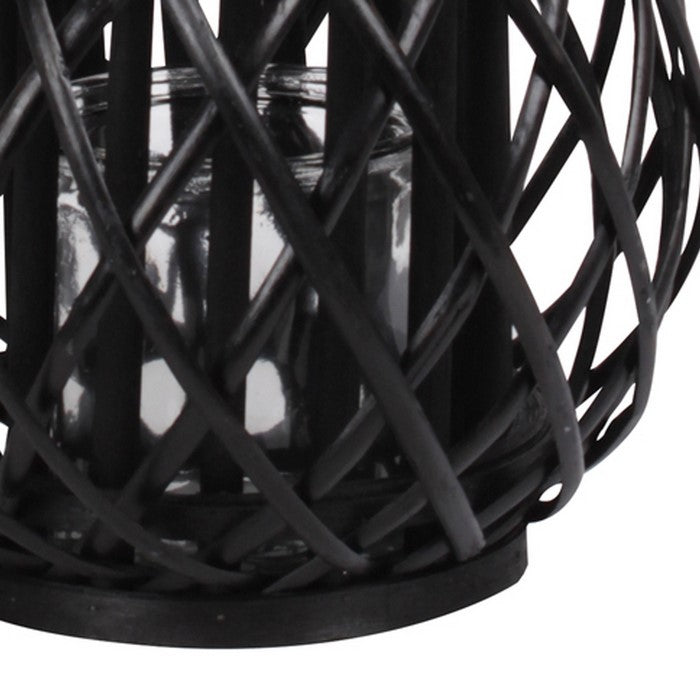 Round Bellied Lattice Design Lantern with Glass Candle Holder,Medium,Black