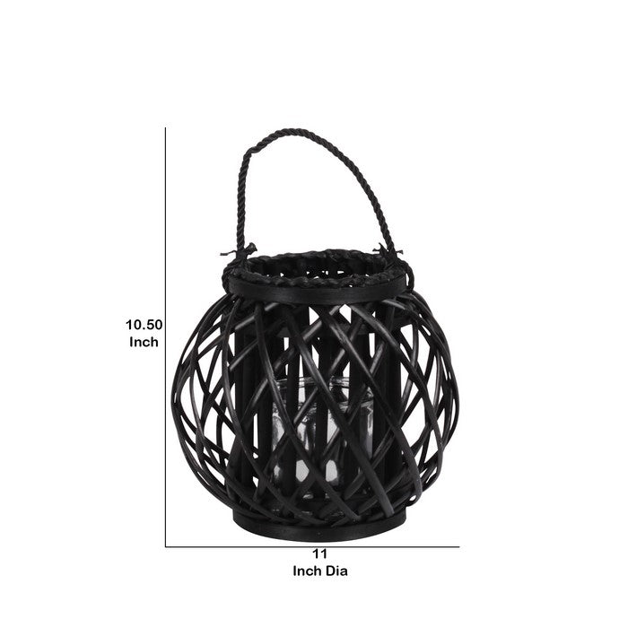 Round Bellied Lattice Design Lantern with Glass Candle Holder,Medium,Black