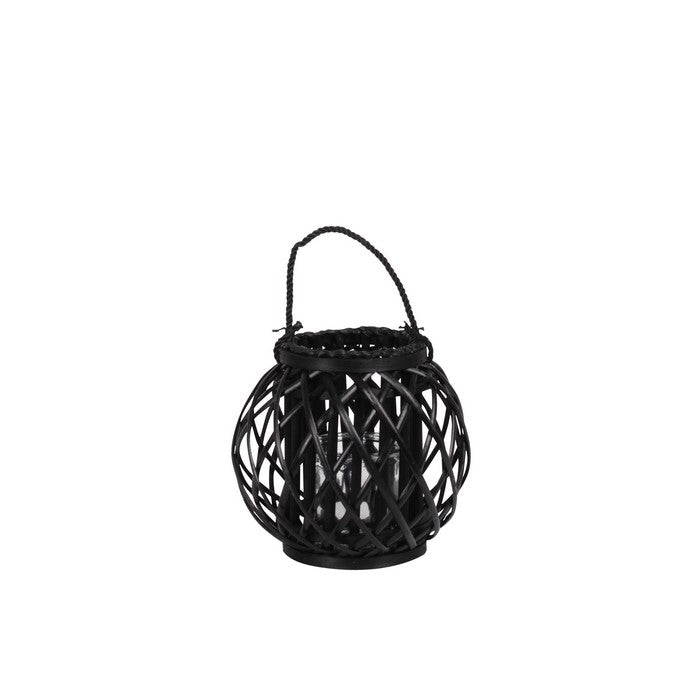 Round Bellied Lattice Design Lantern with Glass Candle Holder,Medium,Black