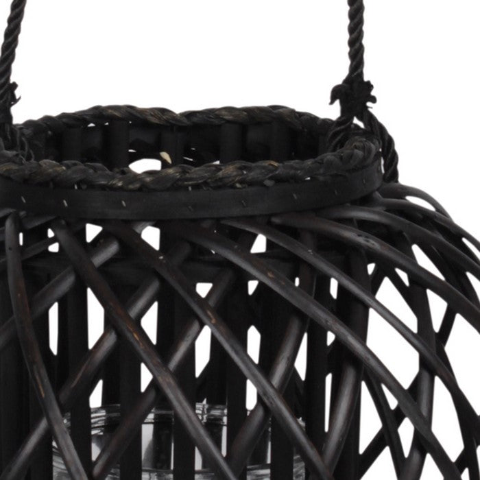 Round Bellied Lattice Design Lantern with Glass Candle Holder,Large,Black