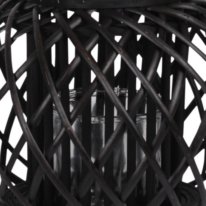Round Bellied Lattice Design Lantern with Glass Candle Holder,Large,Black