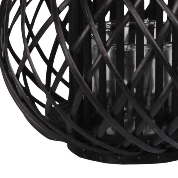 Round Bellied Lattice Design Lantern with Glass Candle Holder,Large,Black