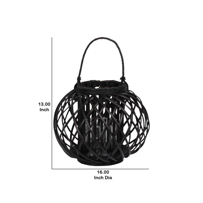 Round Bellied Lattice Design Lantern with Glass Candle Holder,Large,Black