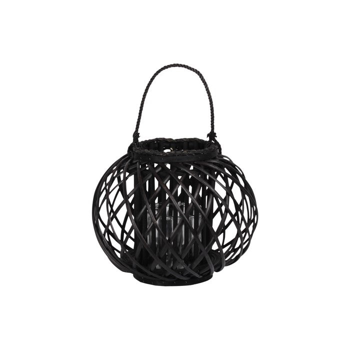 Round Bellied Lattice Design Lantern with Glass Candle Holder,Large,Black