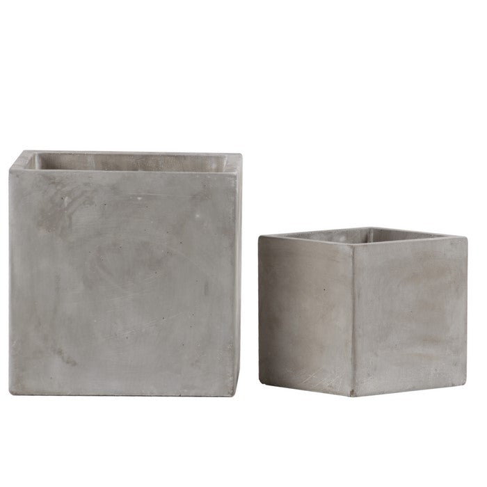 Traditional Square Shaped Cement Pot with Smooth Design, Set of 2, Gray