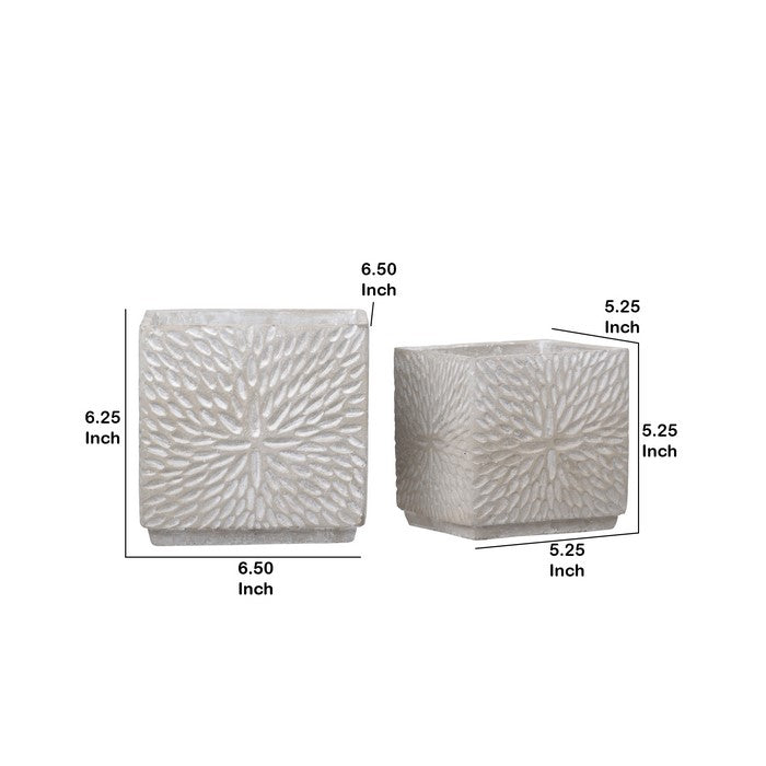 Square Cement Pot with Starburst Pattern and Stable Base, Set of 2, Gray