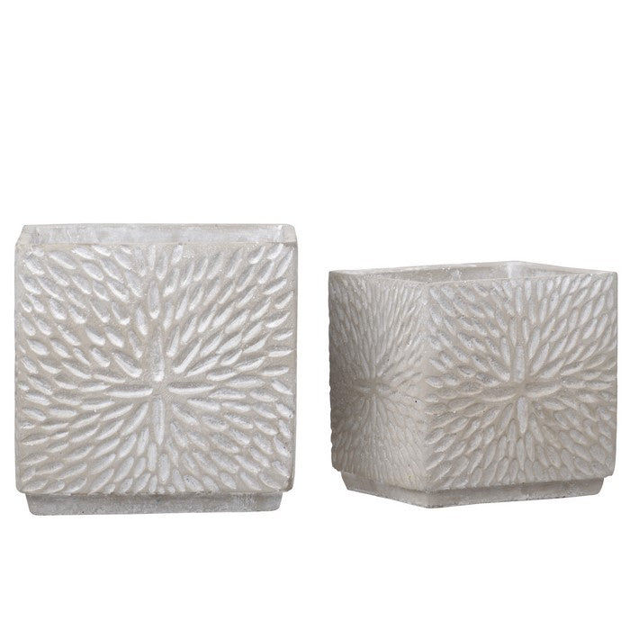 Square Cement Pot with Starburst Pattern and Stable Base, Set of 2, Gray