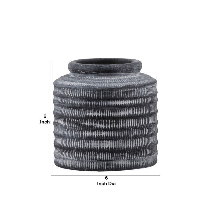 Traditional Style Round Cement Pot with Banded Rim Mouth, Medium, Dark Gray
