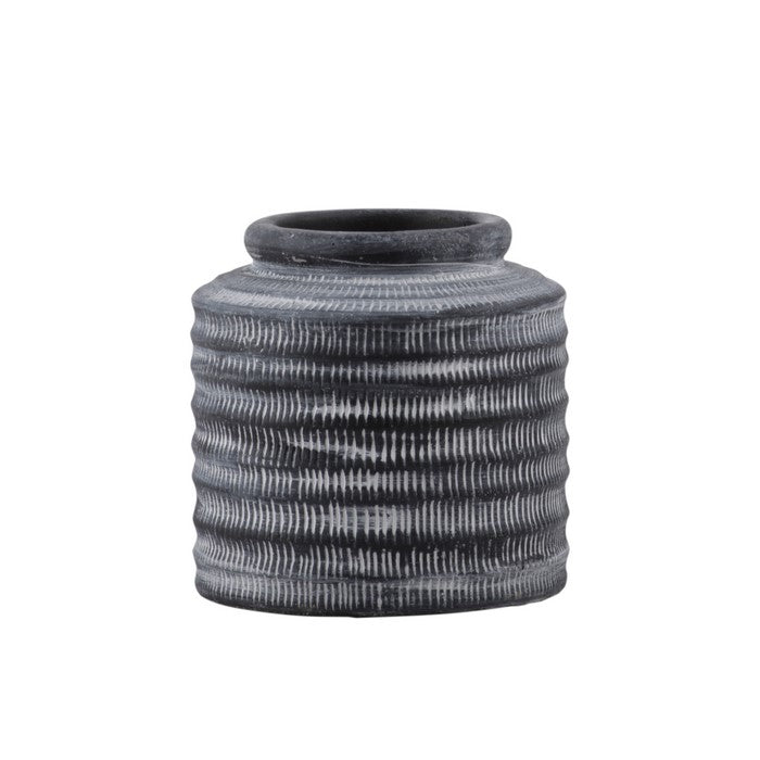 Traditional Style Round Cement Pot with Banded Rim Mouth, Medium, Dark Gray